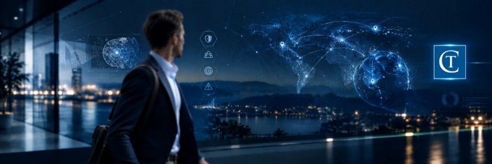 Ein Mann in Anzug steht in einem modernen Büro mit Blick auf eine digitale Weltkarte und grafische Darstellungen von Netzwerken und Sicherheitssymbolen.